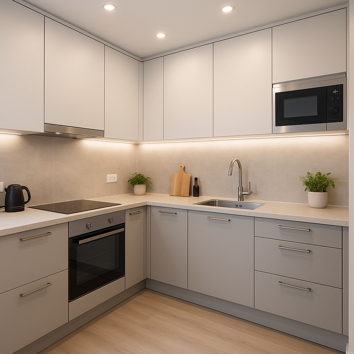 Modern L-shaped modular kitchen design with sleek white and wooden cabinetry, under-cabinet lighting, and a minimalist layout. Designed by Janalaxmi Designs, renowned interior designers in Begur, Bengaluru, Bangalore