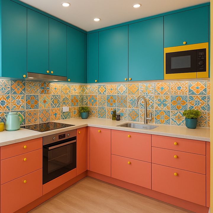 Vibrant L-shaped modular kitchen designed by Janalaxmi Designs in Begur, Bengaluru — showcasing expert use of color, modern layout, and premium finishes, making them one of the best interior designers for kitchen spaces